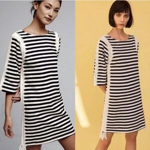 ANTHROPOLOGIE PEPIN Navy & White Nautical Striped Dress with Crochet Fri…